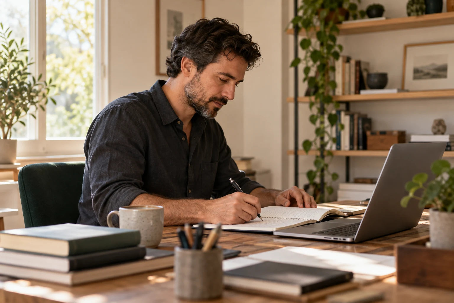 An educator preparing learning materials at a desk