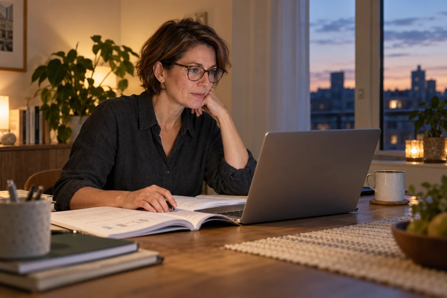 An adult learner studying remotely in the evening