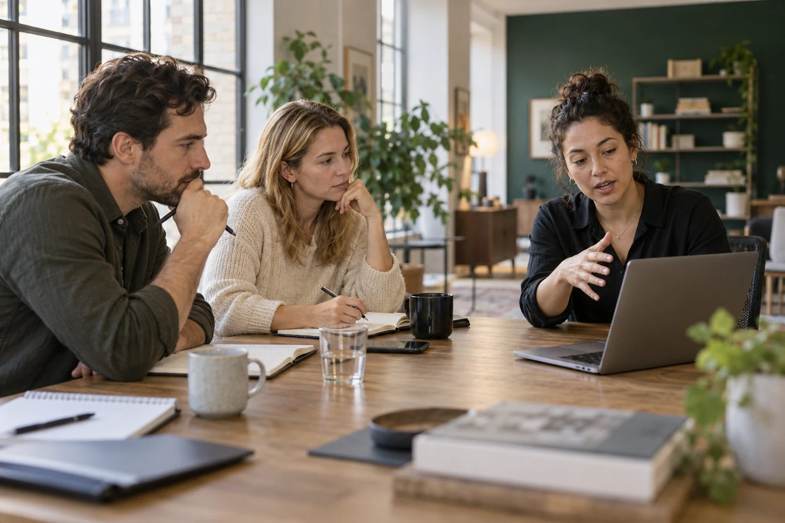 Adults discussing a learning task around a laptop